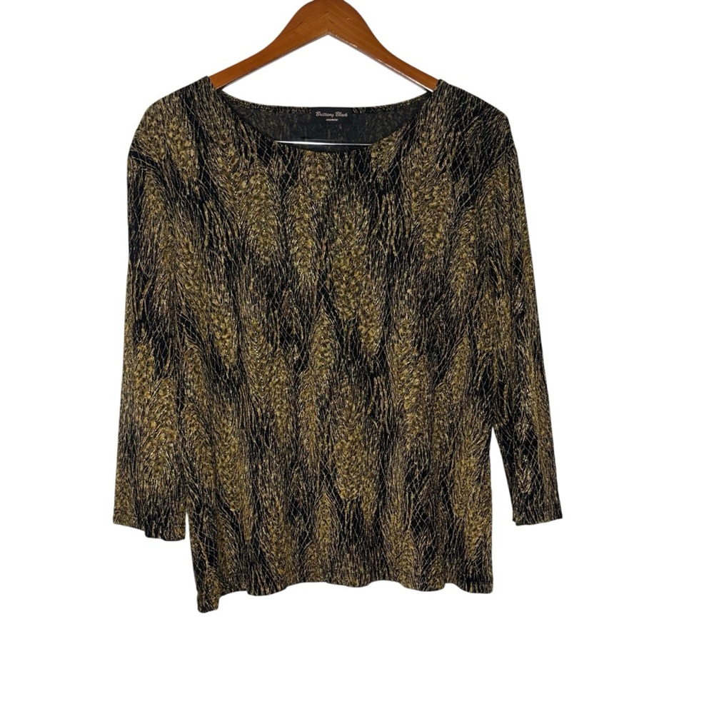 Brittany Black Women Gold Black Abstract Print Long‎ Sleeve Top Size 2X